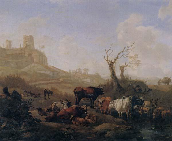 William Romeyn Cattle and sheep by a stream in a pasture,a town beyond China oil painting art